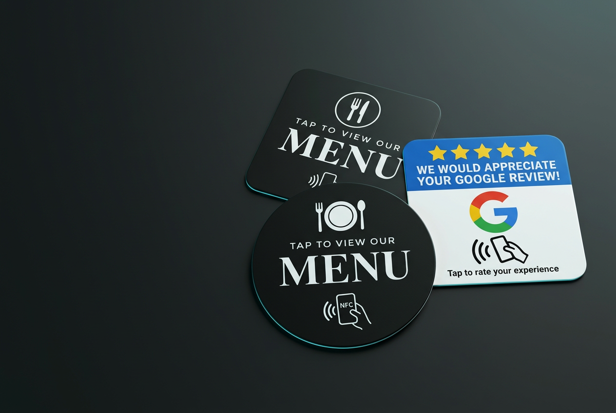 Tap Pro round menu, square menu, and Google review NFC cards